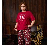 Shein Conjunto de pijama de verano con top de manga corta y cuello redondo talla grande y pantalones con estampado del castillo del tren de Gryffindor en ro