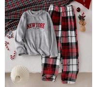 Shein Conjunto de pijama elegante para niña preadolescente con parte superior de manga larga con cuello acanalado, estampado "Good Night" y bordado "NEW YOR