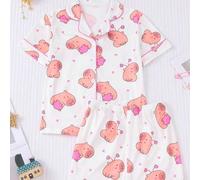 Shein Conjunto de pijama informal y lindo para niña preadolescente, con estampado de cerdito rosa, que incluye top de manga corta con cuello y shorts de cin
