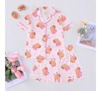 Shein Conjunto de pijama informal y lindo para niña preadolescente, con estampado de cerdito rosa, que incluye top de manga corta con cuello y shorts de cin