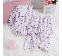 Shein Conjunto de pijama para bebé niña con estampado de rayas y corazones, manga larga, pantalones, resistente a las llamas