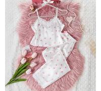 Shein Conjunto de pijama para niñas, camiseta de tirantes con encaje y parches florales y pantalones largos con lazo, ropa cómoda para el hogar en verano