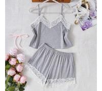 Shein Conjunto de pijama para niñas, tela con estampado de rayas y parches de encaje elegante, top de tirantes con lazo y shorts, ropa cómoda para el verano