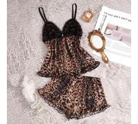 Shein Conjunto de pijama sexy de camiseta y pantalón corto con taza de encaje 3D con estampado de leopardo