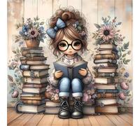 Shein Conjunto de pintura de arte de diamante artificial sin marco con patrón de niña leyendo en 5D, de 30X30cm/12X12in, arte de mosaico de diamante artific