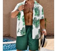 Shein Conjunto de playa hawaiano de talla grande para hombre, con camisa de manga corta con estampado floral por toda la prenda y cuello de solapa, y pantal