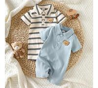 Shein Conjunto de punto informal a juego para bebé y niño pequeño, con pelele de manga corta con cuello polo, parche de oso dulce, a rayas azul y blanco, pa