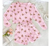 Shein Conjunto de ropa de dormir para mujer con estampado de oso hueco, de manga larga, con cuello redondo lindo y shorts con abertura lateral, ropa de esta