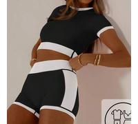 Shein Conjunto de ropa de ocio y activewear con colores contrastantes, top de verano lindo y shorts de ciclista, perfecto para outfits de vacaciones de vera