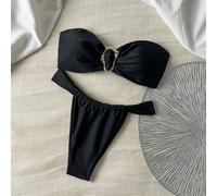 Shein Conjunto de ropa de playa para mujer para primavera y verano, bikini de un solo color con decoración metálica sin tirantes y tanga