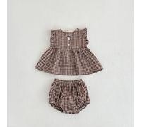 Shein Conjunto de ropa de verano para bebé niña 0-3 años, con camiseta de manga corta con gorra a cuadros clásicos y shorts