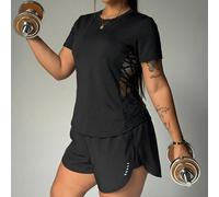 Shein Conjunto de ropa deportiva casual para mujer talla grande con top de manga corta con patchwork de malla y pantalones cortos, negro, para gimnasio y ac