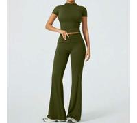 Shein Conjunto de ropa deportiva de primavera/verano para mujer con top corto de manga corta y pantalón largo, todo en un diseño sin costuras y de tela elás