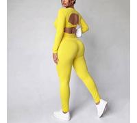 Shein Conjunto de ropa deportiva Slayform para mujer talla grande, top corto de unicolor con espalda abierta y leggings, estilo kawaii, amarillo, otoño, par
