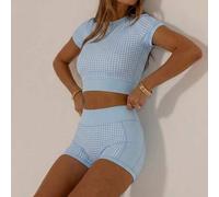 Shein Conjunto de ropa deportiva y de ocio con colores contrastantes, top de verano lindo y shorts de ciclismo, perfecto para mujeres, entrenamiento, gimnas