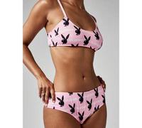 Shein Conjunto de ropa interior de sujetador de escote abarquillado y bikini de tiro alto con estampado del logo de conejo, con tirantes ajustables, para la