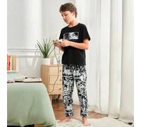 Shein Conjunto De Ropa Para El Hogar De Dos Piezas, Camiseta De Manga Corta Y Pantalones Largos Con Estampado De Historia De Dibujos Animados Simples Para N