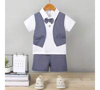 Shein Conjunto de ropa para niño bebé, camisa tipo polo gris y pantalones cortos, conjunto de 2 piezas para fiesta de primer cumpleaños y ocasiones formales