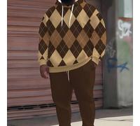 Shein Conjunto de sudadera con capucha de hombre de talla grande con estampado de cuadros geométricos de moda versátil de ZhuYa, para primavera/otoño/invier