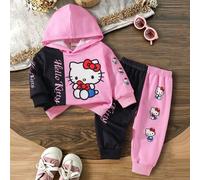 Shein Conjunto de Sudadera con Capucha & Pantalón de Chándal para Niñas Bebé Estampado de Letras de Dibujos Animados Bloques de Color Rosa Negro Acogedor Ot
