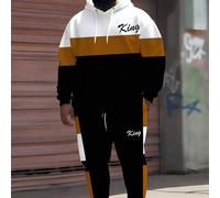 Shein Conjunto de sudadera con capucha para hombre de talla grande "Patrón de fuente King y bloque de color a rayas" de ZhuYa, de caliente, para primavera,