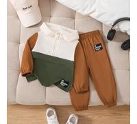 Shein Conjunto de Sudadera con Capucha Verde con Parches Rosa Marrón Albaricoque y Pantalón de Chándal Marrón para Bebé Niño Otoño/Invierno