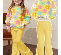 Shein Conjunto de sudadera de cuello redondo de manga larga y pantalones acampanados con un patrón de flores de dopamina amarillo brillante y diseño minimal