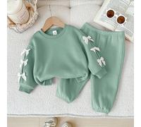 Shein Conjunto de sudadera de manga larga con lazo verde lindo y pantalones de cintura elástica para bebé niña, otoño/invierno