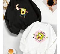 Shein Conjunto de sudadera holgada y versátil en blanco y negro con cuello redondo para mujer. ¡Sudaderas Bob Esponja y Patricio Bromista! Bob Esponja luce