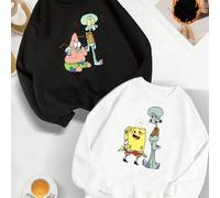 Shein Conjunto de sudadera versátil de cuello redondo para mujer, en blanco y negro. La versión en negro presenta a Bob Esponja y Patricio Estrella interact