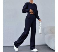 Shein Conjunto de suéter con mangas de globo huecas de punto de cable elegante y pantalones de suéter con detalles de punto de cable
