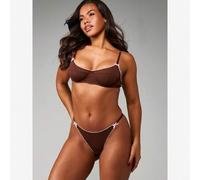 Shein Conjunto de sujetador con aros y tanga con detalles de encaje en contraste y moño rosa, lencería íntima