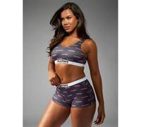 Shein Conjunto de sujetador deportivo y shorts con estampado de logo, sujetador deportivo de cintura alta a juego, conjunto de ropa interior sin costuras, c