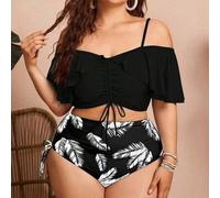 Shein Conjunto de talla grande para el verano con parte superior de tirantes finos y unicolor con cordón y Bottom tipo bikini triángulo de estampado integra