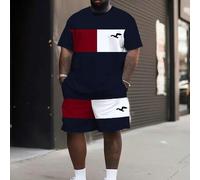 Shein Conjunto de talla grande para hombre con estampado de gaviota en bloques de color, de manga corta y pantalón corto, ajuste holgado, casual, 2 piezas,