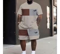 Shein Conjunto de talla grande para hombre de camiseta de manga corta con estampado de gaviota de color contrastante y pantalón corto con cordón, ajuste hol