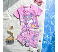 Shein Conjunto de tankini con estampado de unicornio para niñas, en tono rosa soñador. "Eres mágica" para iluminar los momentos soñadores de diversión acuát