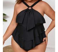 Shein Conjunto de tankini de talla grande con cuello halter y diseño hueco simple para el verano, vacaciones y playa, trajes de baño para mujer
