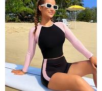 Shein Conjunto de tankini de traje de baño entallado con mangas de inserción de contraste rosa y negro, adecuado para el verano/la playa, para adolescentes