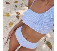 Shein Conjunto de top asimétrico con ribete de volantes a rayas de playa de verano para mujeres y bikini inferior