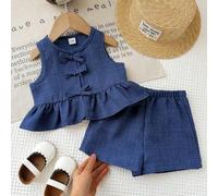 Shein Conjunto de top con cuello redondo y volantes en el bajo, y shorts para bebé niña, de unicolor y estilo minimalista casual