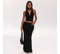 Shein Conjunto de top con escote halter y espalda descubierta y falda a la moda, sexy, adecuado para una cita, fiesta de solteros, invitado de boda, vacacio