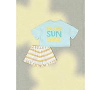 Shein Conjunto de top corto con gráfico "Hello Sunshine" y shorts con volantes a rayas para uso casual en verano