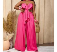 Shein Conjunto de top corto con nudo delantero y pantalones de pierna ancha en rosa intenso para mujer, talla grande, atuendo de vacaciones, playa, formal,
