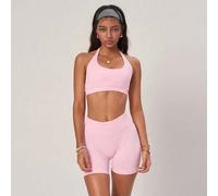 Shein Conjunto de top corto con tirantes finos sin espalda y shorts de ciclismo de talle alto en color rosa, con soporte sin costuras moldeador, adecuado pa