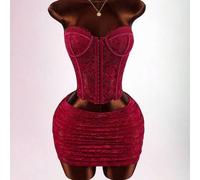 Shein Conjunto de top corto y minifalda sexy de encaje espina de pescado para mujer, conjunto de moda adecuado para una cita en el Día de San Valentín, top