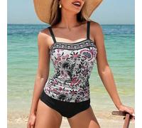 Shein Conjunto de top de bikini con estampado aleatorio y shorts de unicolor para mujer, traje de baño tipo tankini de playa y ocio, traje de baño floral ti