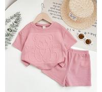 Shein Conjunto de top de manga corta con patrón de dibujos animados 3D en rosa y shorts de cintura elástica, estilo casual y lindo para bebé niña