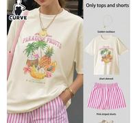 Shein Conjunto de top de manga corta holgado con estampado de piña, papaya, plátano, coco y pantalones a rayas para mujer talla grande, conjunto de 2 piezas