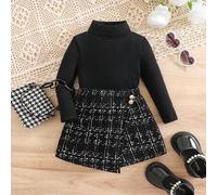 Shein Conjunto de top de manga larga negro tejido y shorts a cuadros de cintura elástica para bebé niña, otoño/invierno